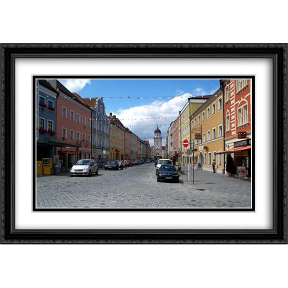 Vilshofen an der Donau City Square 2x Matted 40x28 Large Black Ornate Framed Art Print by The Cityscape Art Print Series