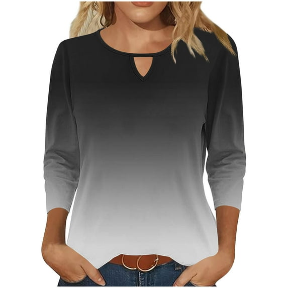 Viluyesy 3/4 Sleeves T-Shirt Women Round Neck Shirt Tops Fashionable Loose Blouse Black Size XL