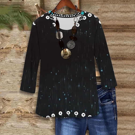 Viluyesy 3/4 Sleeves T-Shirt Women Round Neck Shirt Tops Fashionable Loose Blouse Black Size XL