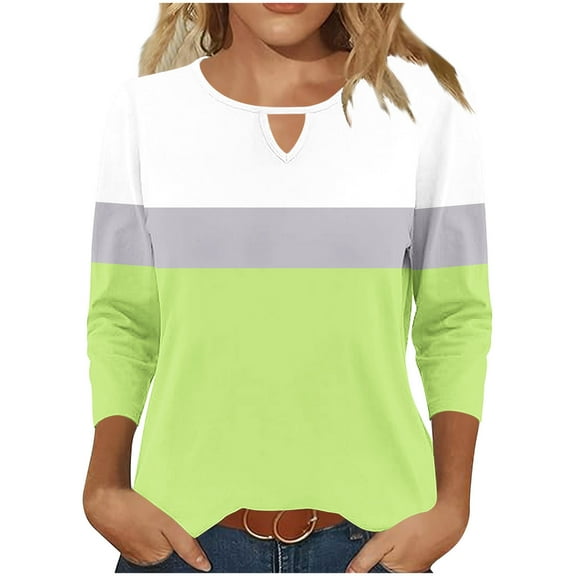 Viluyesy 3/4 Sleeves T-Shirt Women Round Neck Shirt Tops Fashionable Loose Blouse Green Size M