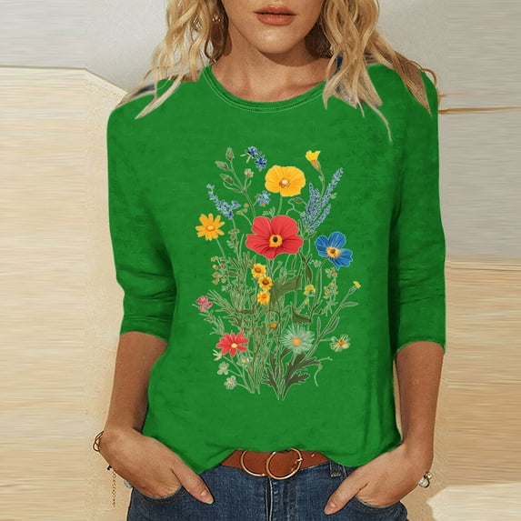 Viluyesy 3/4 Sleeves T-Shirt Women Round Neck Shirt Tops Fashionable Loose Blouse Green Size M