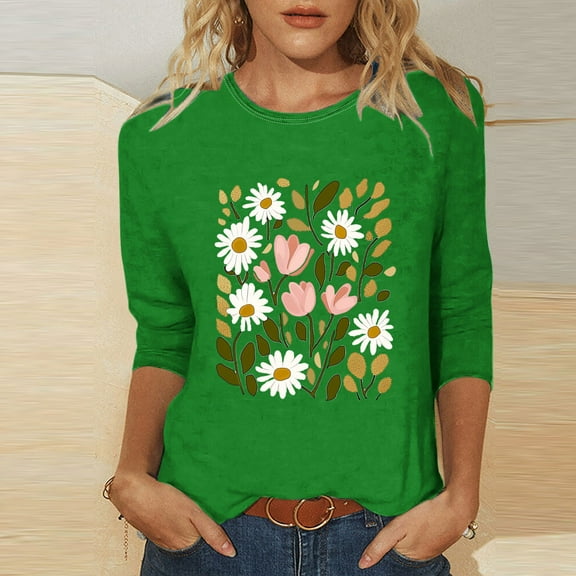 Viluyesy 3/4 Sleeves T-Shirt Women Round Neck Shirt Tops Fashionable Loose Blouse Green Size M