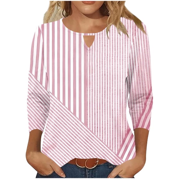 Viluyesy 3/4 Sleeves T-Shirt Women Round Neck Shirt Tops Fashionable Loose Blouse Pink Size 2XL