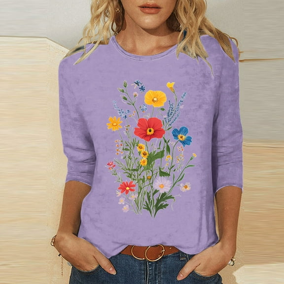 Viluyesy 3/4 Sleeves T-Shirt Women Round Neck Shirt Tops Fashionable Loose Blouse Purple Size 2XL