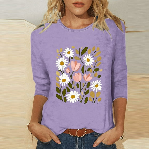 Viluyesy 3/4 Sleeves T-Shirt Women Round Neck Shirt Tops Fashionable Loose Blouse Purple Size S