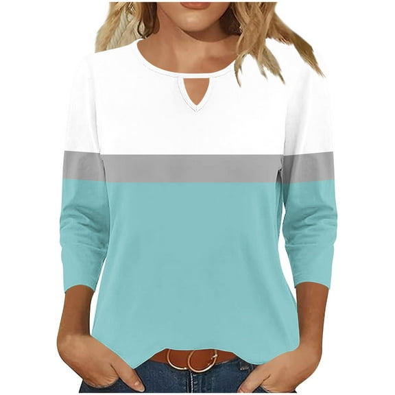 Viluyesy 3/4 Sleeves T-Shirt Women Round Neck Shirt Tops Fashionable Loose Blouse Sky Blue Size 2XL
