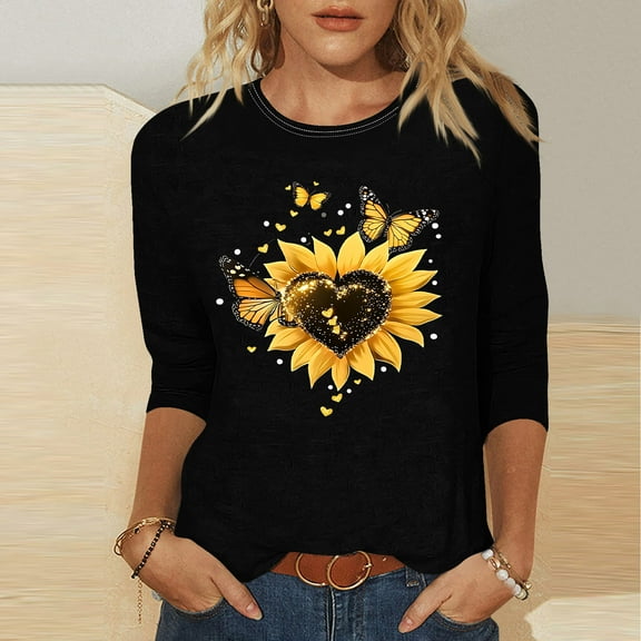 Viluyesy 3/4 Sleeves T-Shirt Women Round Neck Shirt Tops Fashionable Relaxed Loose Blouse Black Size S