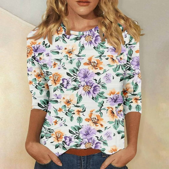 Viluyesy 3/4 Sleeves T-Shirt Women Round Neck Shirt Tops Fashionable Relaxed Loose Blouse Multicolor Size 5XL