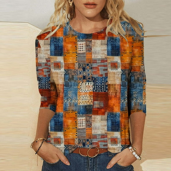 Viluyesy 3/4 Sleeves T-Shirt Women Round Neck Shirt Tops Fashionable Relaxed Loose Blouse Multicolor Size M