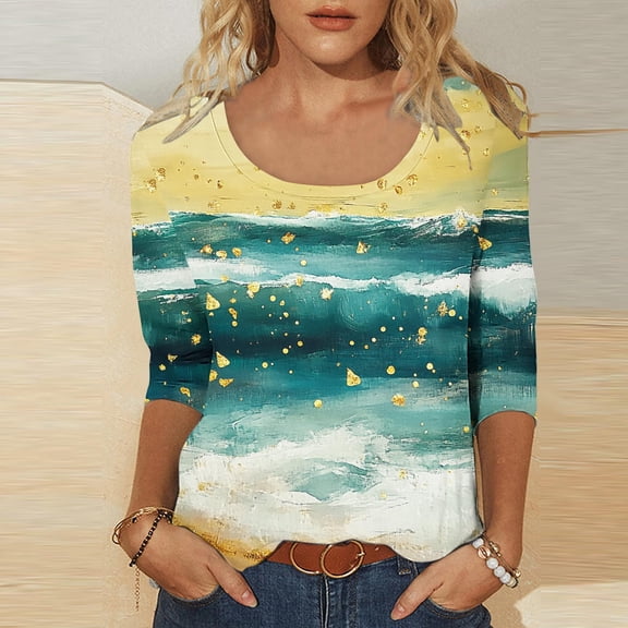 Viluyesy 3/4 Sleeves T-Shirt Women Round Neck Shirt Tops Fashionable Relaxed Loose Blouse Multicolor Size M