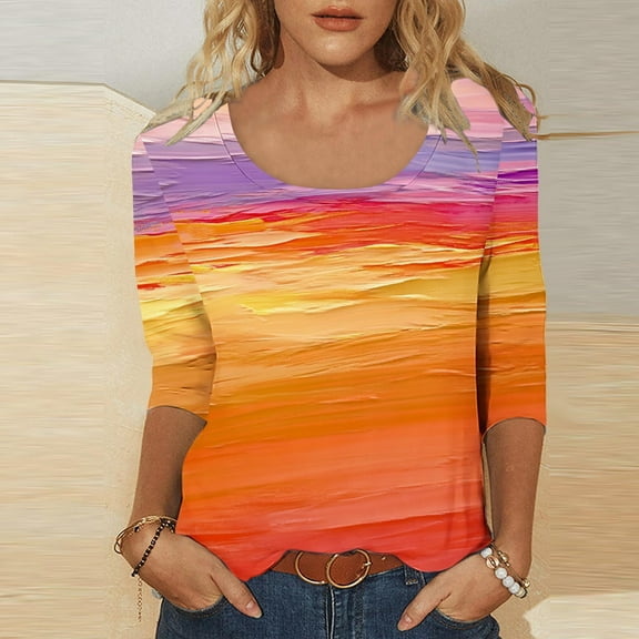 Viluyesy 3/4 Sleeves T-Shirt Women Round Neck Shirt Tops Fashionable Relaxed Loose Blouse Multicolor Size S