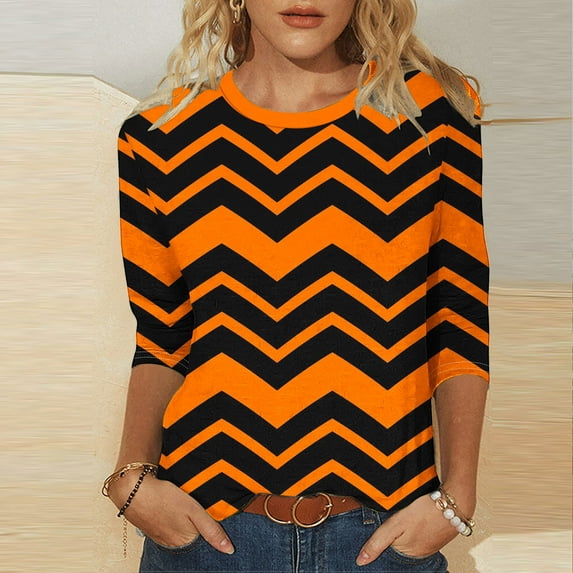 Viluyesy 3/4 Sleeves T-Shirt Women Round Neck Shirt Tops Fashionable Relaxed Loose Blouse Orange Size S