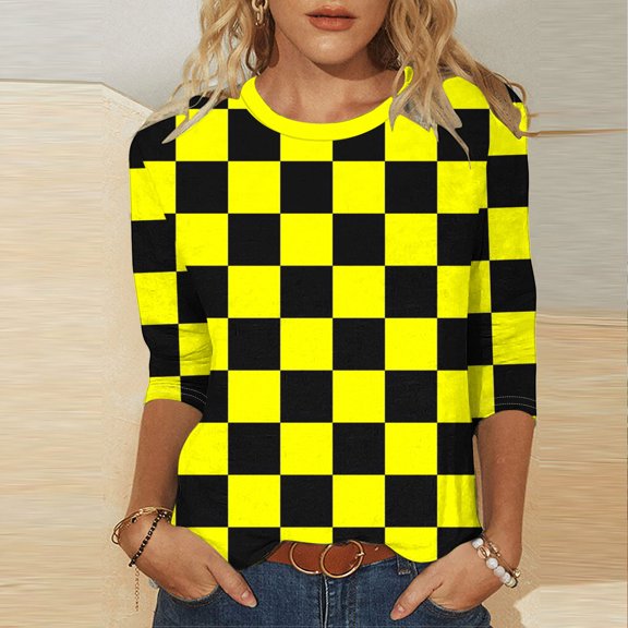 Viluyesy 3/4 Sleeves T-Shirt Women Round Neck Shirt Tops Fashionable Relaxed Loose Blouse Yellow Size S