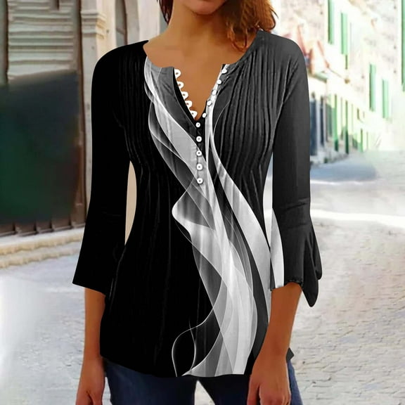 Viluyesy 3/4 Sleeves T-Shirt Women Round Neck Shirt Tops Fold Button Loose Blouse Multicolor Size M