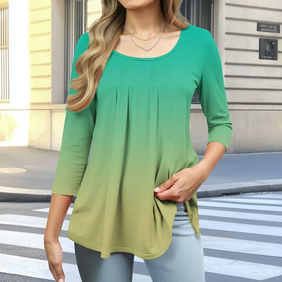 Viluyesy 3/4 Sleeves T-Shirt Women Round Neck Shirt Tops Fold Loose Blouse Green Size 2XL