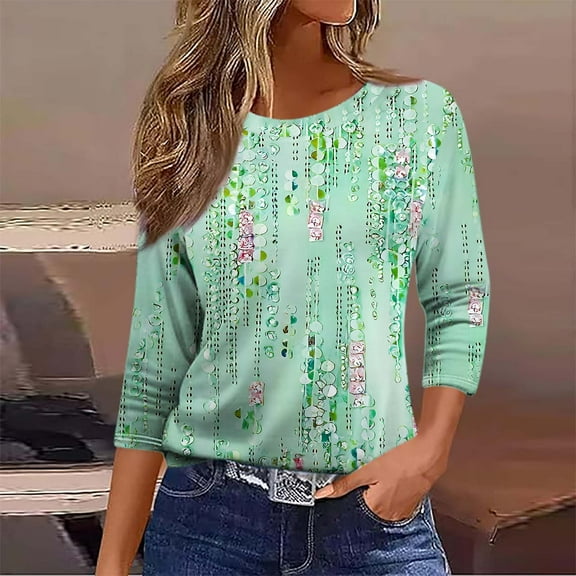 Viluyesy 3/4 Sleeves T-Shirt Women Round Neck Shirt Tops Loose Blouse Green Size 3XL