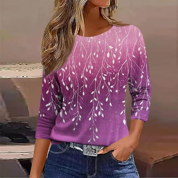 Viluyesy 3/4 Sleeves T-Shirt Women Round Neck Shirt Tops Loose Blouse Hot Pink Size 5XL