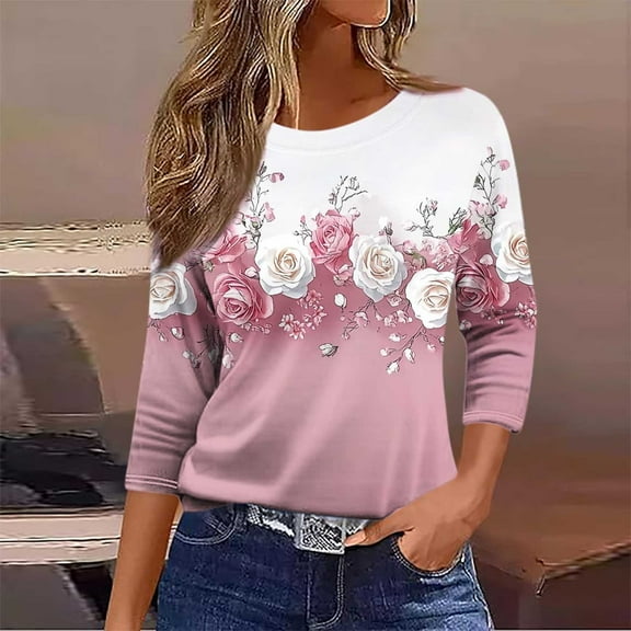 Viluyesy 3/4 Sleeves T-Shirt Women Round Neck Shirt Tops Loose Blouse Pink Size M