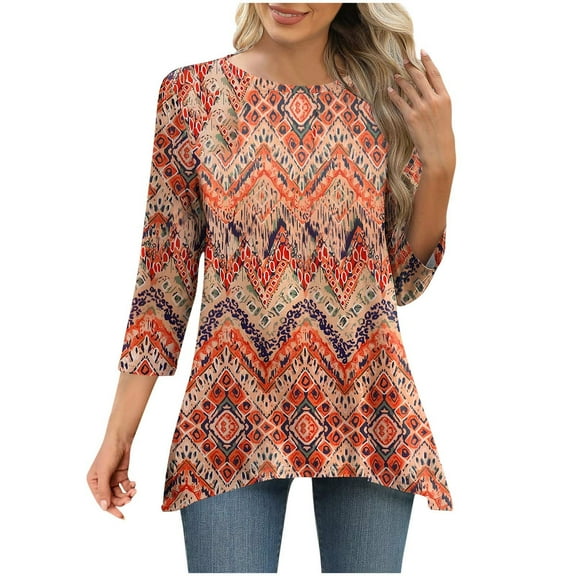 Viluyesy 3/4 Sleeves T-Shirt Women Round Neck Shirt Tops Relaxed Loose Blouse Orange Size S