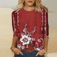 thumbnail image 1 of Viluyesy 3/4 Sleeves T-Shirt Women Round Neck Shirt Tops Relaxed Loose Blouse Red Size S, 1 of 5