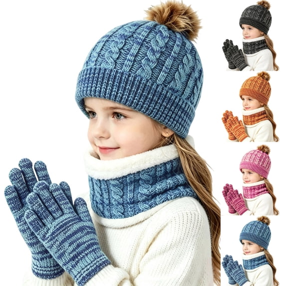 Viluyesy 3 Piece Girls Winter Hat Gloves Scarf Set Solid Color Thicken Warm Knitted Sets Blue Size 2T