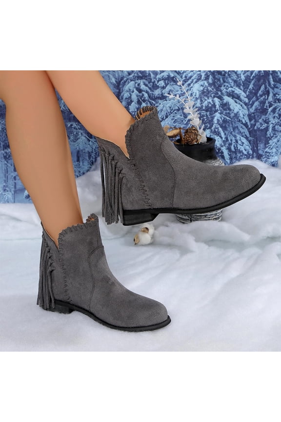 Ankle Boots for Womens, Suede Tassels Wide Calf Flat Heels Comfort Western Booties Gray US6