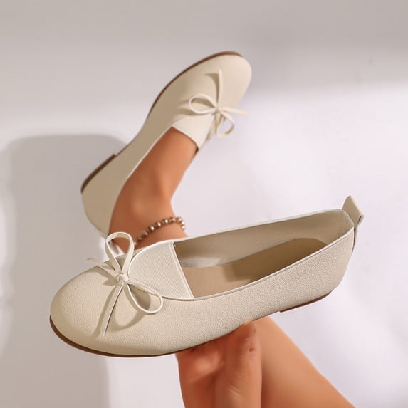 Viluyesy Ballet Flats for Women Bow Decor Round Toe Slip On Comfortable Casual Dress Work Shoes Everyday Walking Beige Size 8.5