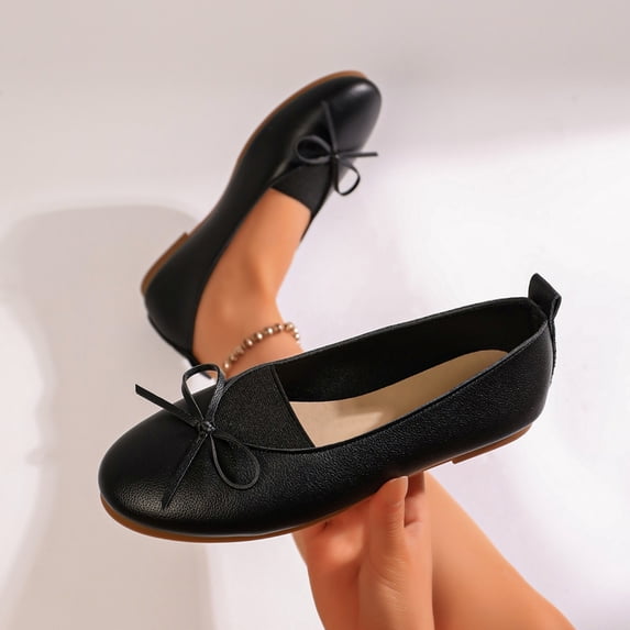 Viluyesy Ballet Flats for Women Bow Decor Round Toe Slip On Comfortable Casual Dress Work Shoes Everyday Walking Black Size 5.5