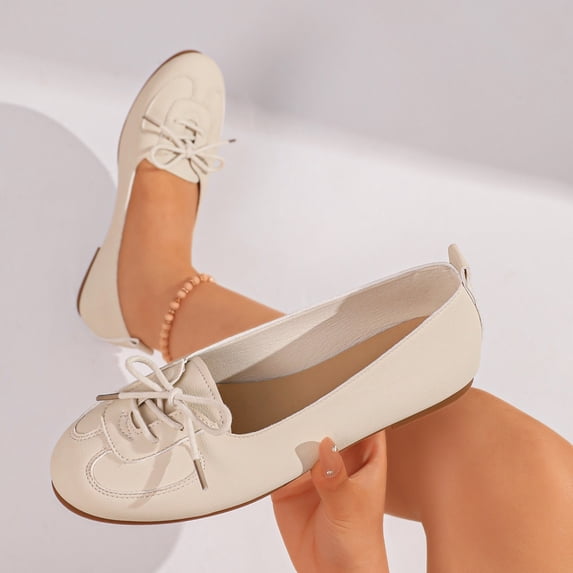 Viluyesy Ballet Flats for Women Lace Up Bow Tie Round Toe Comfortable Casual Dress Work Shoes Everyday Walking Beige Size 6.5