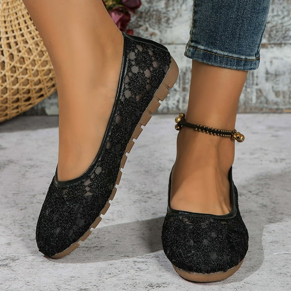 Viluyesy Ballet Flats for Womens, Floral Mesh Shallow Comfort Round Toe Lightweight Slip-On Dress Shoes Black US9