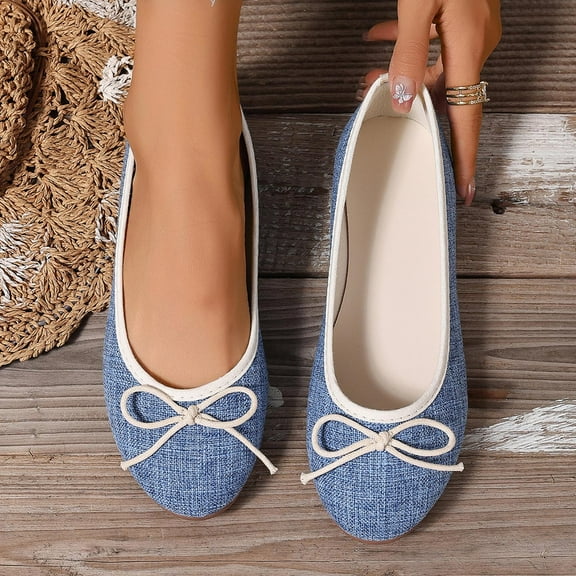 Viluyesy Ballet Flats for Womens, Round Toe String Bow Comfortable Casual Shallow Dressy Office Shoes Blue 9.5