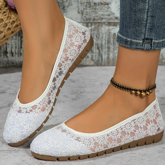 Viluyesy Ballet Flats for Womens, Shallow Comfort Round Toe Floral Mesh Lightweight Slip-On Dress Shoes White US6