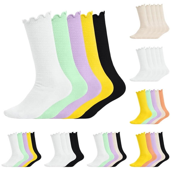 Viluyesy Big Girls Mid-Calf Socks 5-Pairs, Ruffled Cuff Soft Breathable Socks for School & Everyday Wear Yellow Size 6-14Years