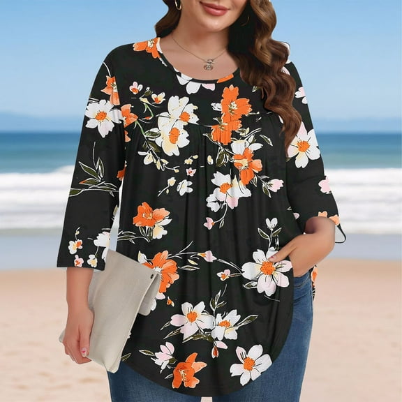 Viluyesy Big Size Round Neck T-Shirt for Womens 3/4 Sleeves Shirt Tops Fashionable Loose Blouse Black Size 3XL