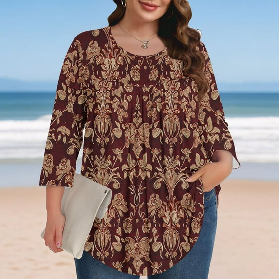 Viluyesy Big Size Round Neck T-Shirt for Womens 3/4 Sleeves Shirt Tops Fashionable Loose Blouse Coffee Size 4XL