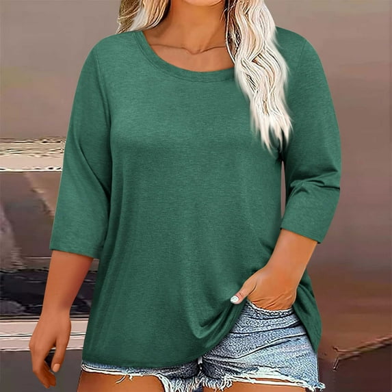 Viluyesy Big Size Round Neck T-Shirt for Womens 3/4 Sleeves Shirt Tops Loose Blouse Green Size 2XL