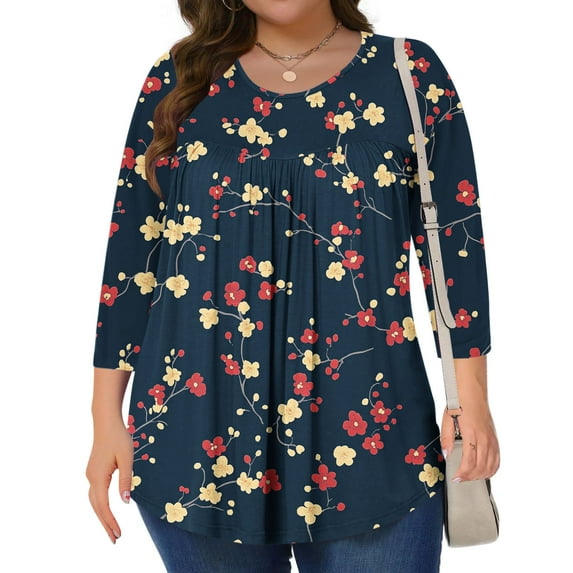 Viluyesy Big Size Round Neck T-Shirt for Womens 3/4 Sleeves Shirt Tops Loose Blouse Navy Size 3XL