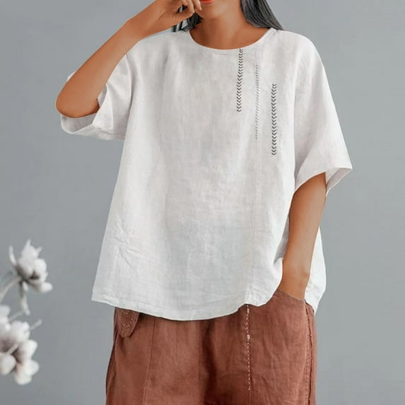 Viluyesy Big Size Round Neck T-Shirt for Womens 3/4 Sleeves Shirt Tops Relaxed Cotton Loose Blouse Beige Size M