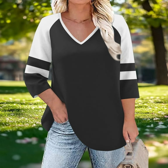 Viluyesy Big Size V-Neck T-Shirt for Womens 3/4 Sleeves Shirt Tops Fashionable Relaxed Loose Blouse Black Size 5XL