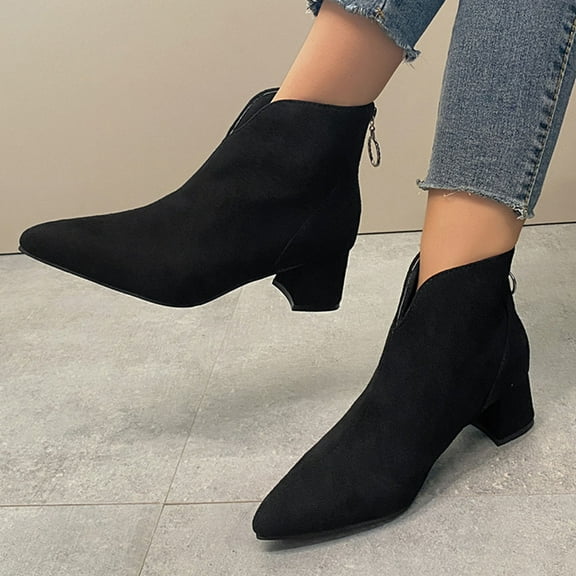 Viluyesy Booties for Womens, Back Zipper Pointed Toe Suede Leather Fall Winter Dress Ankle Boots Black