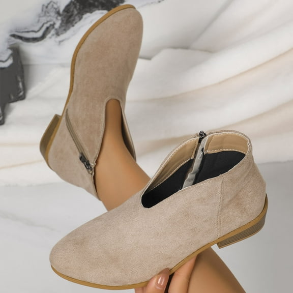 Viluyesy Booties for Womens, Chunky Heels Side Zipper Round Toe Fashion Suede Leather Ankle Boots Beige