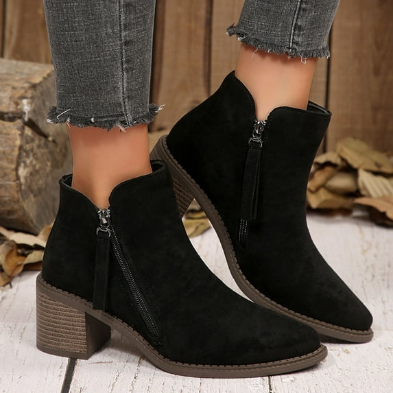 Viluyesy Booties for Womens, Side Zipper Chunky Heels Suede Leather Fall Winter Dress Ankle Boots Black US5.5