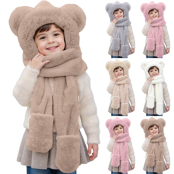 Viluyesy Boys Bear Ear Winter Hat Gloves Scarf Set Little Kids Fleece Lined One piece 3-Piece Trapper Hat & Scarf with Gloves Warm Snow Day Set Coffee Size 5-14Years