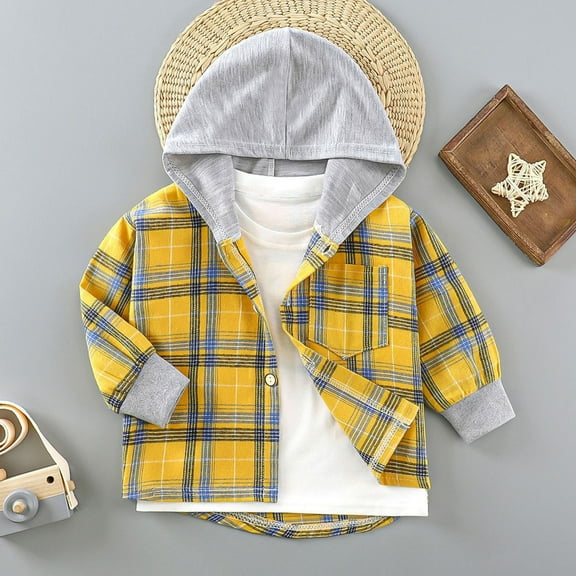 Viluyesy Boys Hooded Jackets 8 T, Long Sleeve Buttons Checked Graphic Casual Cotton Fashion Coat Yellow(2-13T)