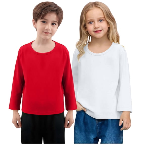 Viluyesy Boys Long Sleeve Shirt 2-Pack, Active Fit Cotton Soft Crew Neck Casual Pullover Undershirt White 6T