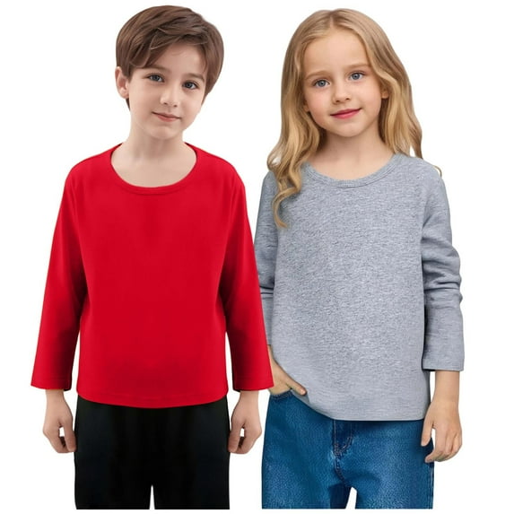 Viluyesy Boys Long Sleeve Shirt 2-Pack, Cotton Soft Crew Neck Active Fit Casual Pullover Undershirt Red 8T