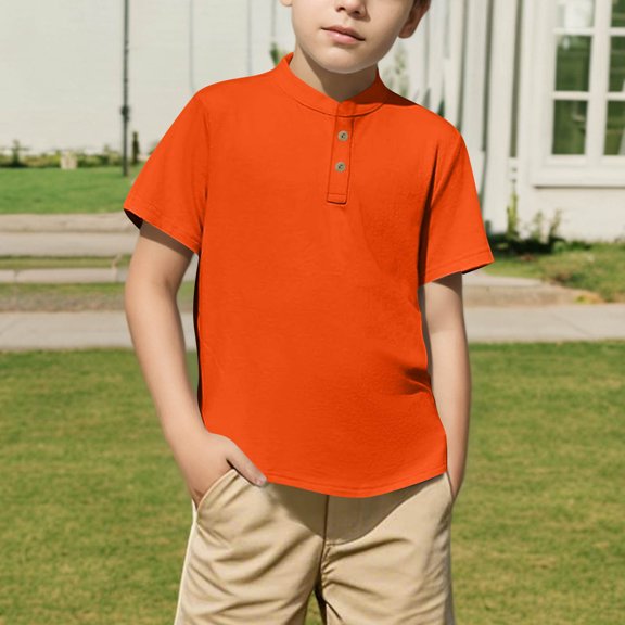 Viluyesy Boys Short Sleeve T-Shirt, Breathable Solid Color Buttons Collar Dressy School Uniform Tops Orange 13T