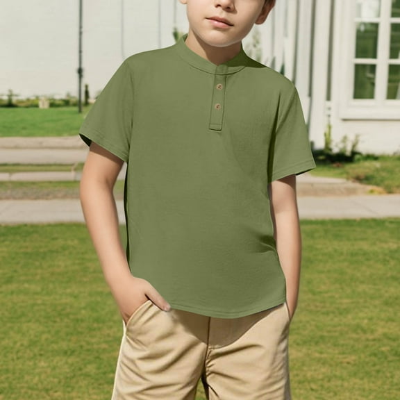 Viluyesy Boys Short Sleeve T-Shirt, Buttons Collar Breathable Solid Color Dressy School Uniform Tops Green 11T