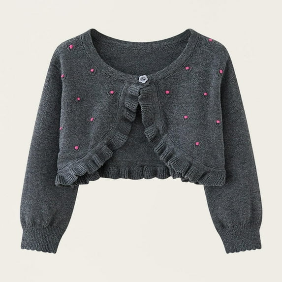 Viluyesy Cardigan for Girls, Knitted Shrug Ruffles Button Long Sleeve Dress Cover Up Cropped Sweater Dark Gray 3T