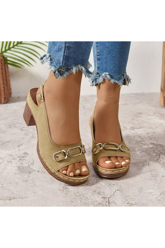 Chunky Heels Sandals for Womens, Adjustable Strap Peep Toe Slingback Ladies Casual Dress Shallow Pumps Brown